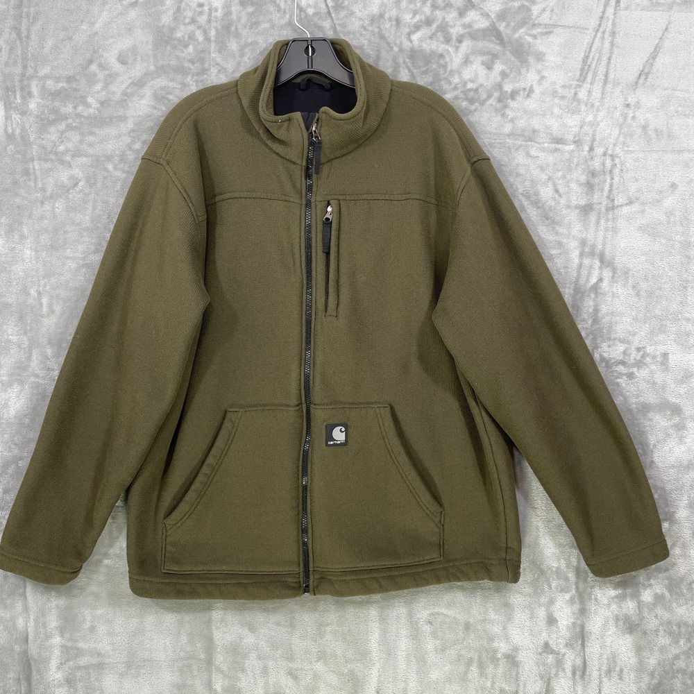 Carhartt Full Zip Fleece Jacket Mens Large Workwear  J173 OLV Green Ribbed‎ Knit